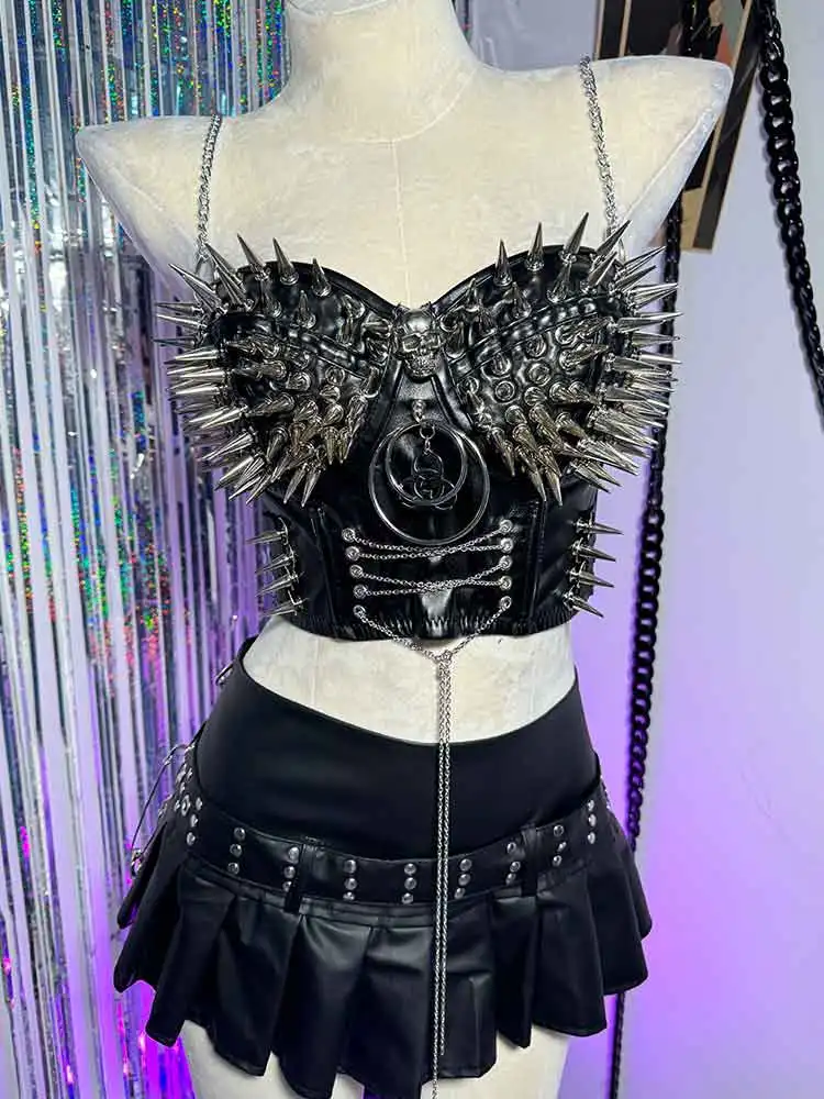 E-Girls Goth Cummerbunds Spike Studded Rivet Hip Hop Y2K Halter Camisole TOPS Gothic Chain Grunge Digital Harajuku Punk Rock Emo