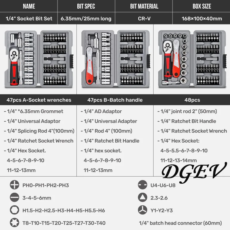 

DGEV1/4" Drive Quick-Release Ratchet & Bit Set, Cr-V Steel w/ Phillips/Slotted Screwdrivers for Auto Repair & Hand Tools