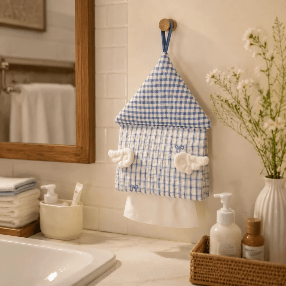 

Kawaii House Shaped Hanging Tissue Holder Wings Stripe Grid Tissue Box Cover Storage Organizer Soft Napkin Holder Living Room