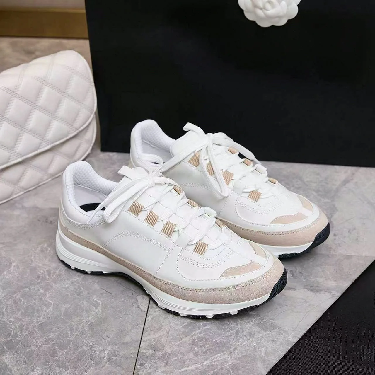White Beige Color Block Sneakers Suede Patchwork Lace‑Up Thick Sole Casual Walking Shoes