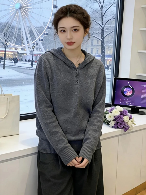 

ay Lazy Sle Hooded Long Sve Knitted Sweater Women's Autumn Winter New Large Size Fat MM Slim Loose Inner Wear Top