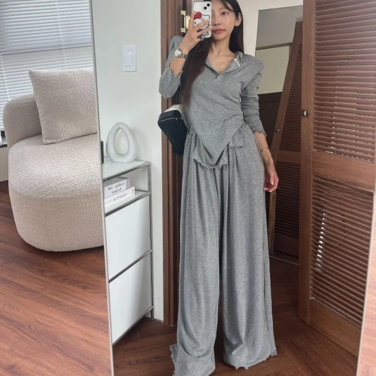 T-shirt amincissant à capuche et volants, couleur Pure, haut polyvalent, pantalon Long décontracté, ensemble deux pièces pour femmes, automne Faion