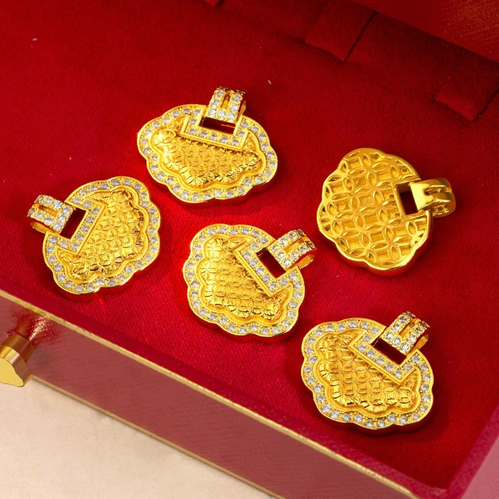 Inset copper coin long life lock pendant retro palace style collarbone chain accessories 9999gold