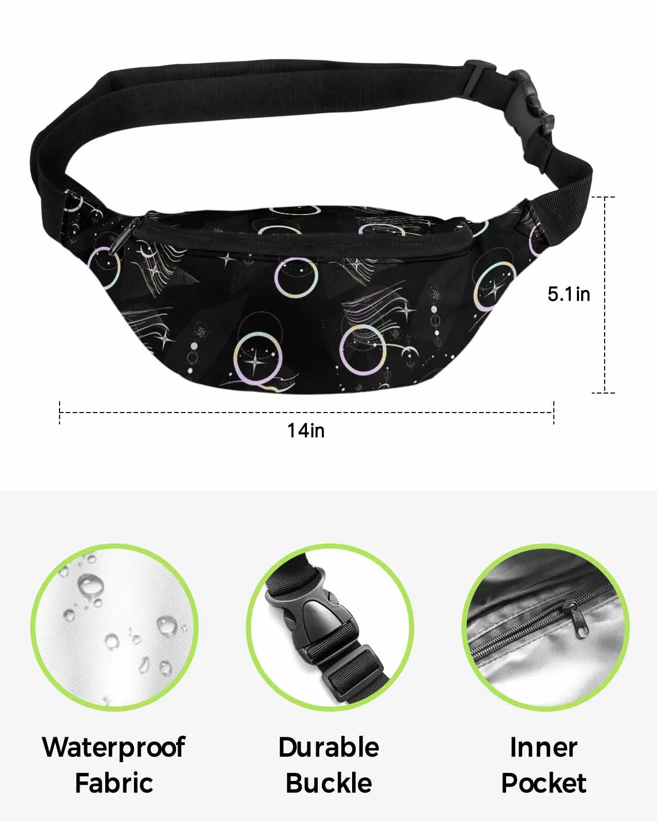 Saco de cintura impermeável para homens e mulheres, Fanny Pack, Banana Hip Bags, cinto de telefone, preto, lua, círculo, bolsa de carteira