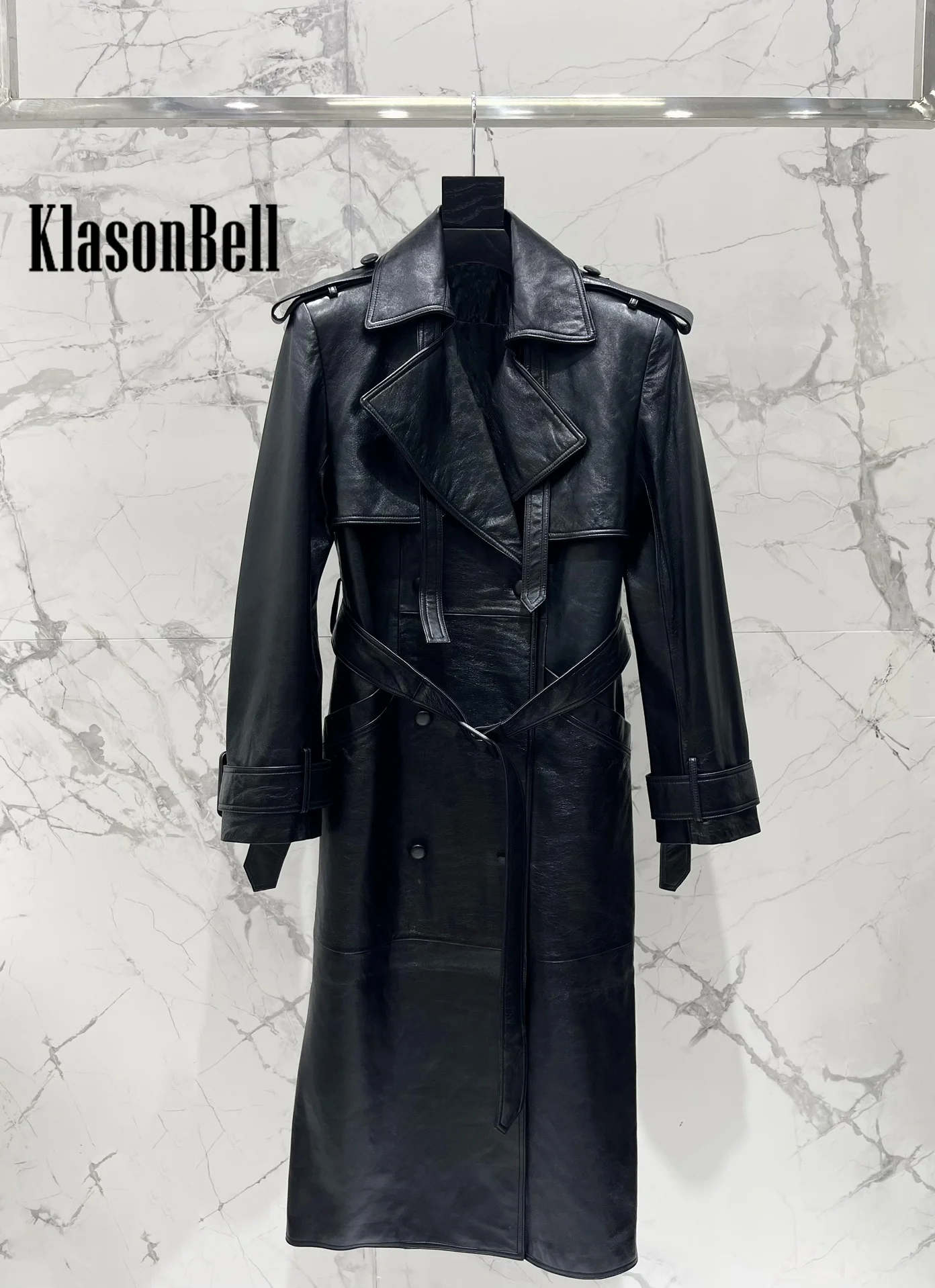 8.4 KlasonBell Women Street Lapel Collar Double Breasted Trench Fashion Vintage Epaulet With Belt Genuine Leather Long Coat