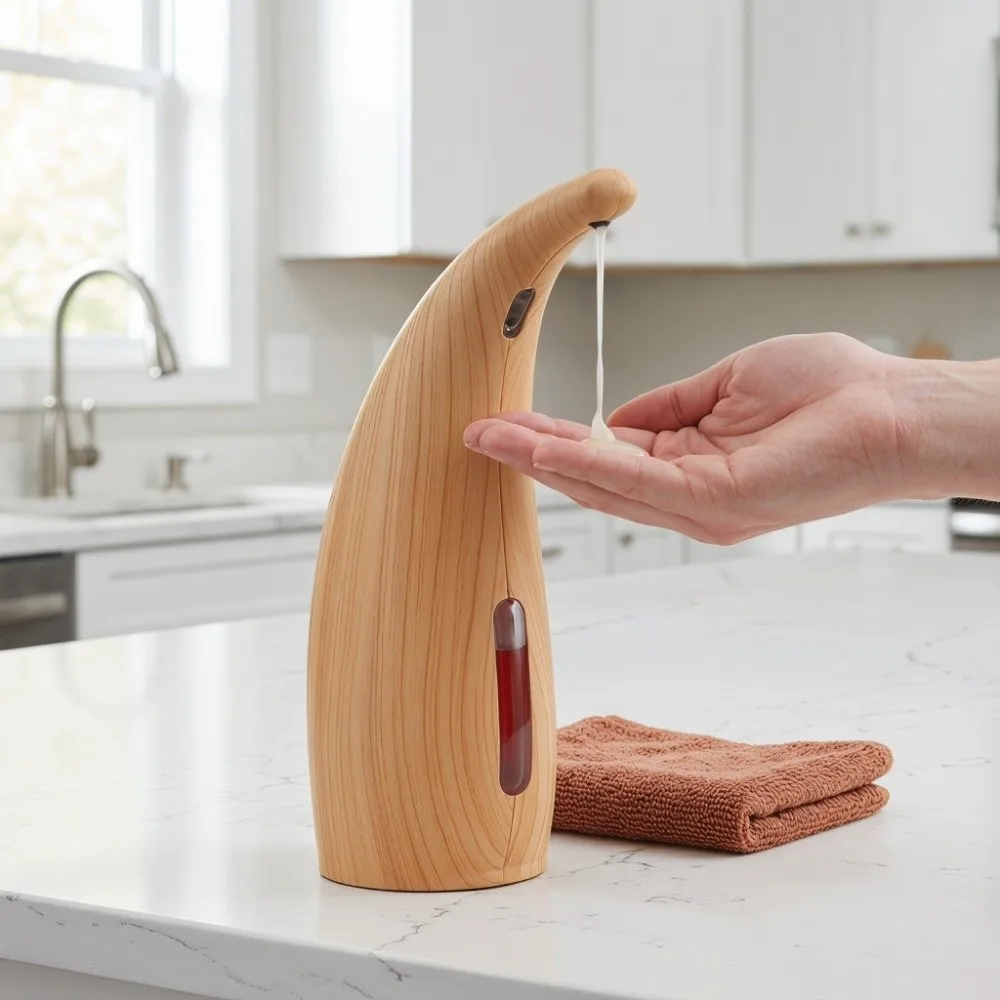 ABS Automatic Soap Dispenser Light Wood Grain Waterproof Sensor Soap Dispenser 300ml Capacity Battery Operated