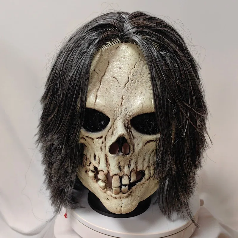 Scary Skull Mask with Hair for Men Women Halloween Creepy Realistic Skeleton Mask Dress Up Cosplay Costume Horror Party Props