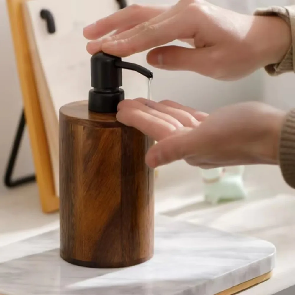 Multpurpose Luxury Hand Sanitizer Bottle Press Type Wood Shampoo Container Empty Leak Proof Shower Gel Bottle Bathroom