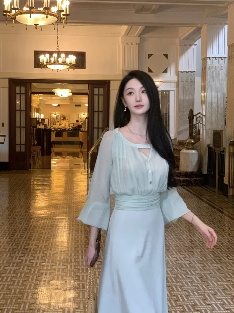 

Оригинальный комплект Wcouture Jelly Plum Long Dr: шелковый костюм с эффектом двухслойности, окрашенный вручную, синий, в стиле «фея»