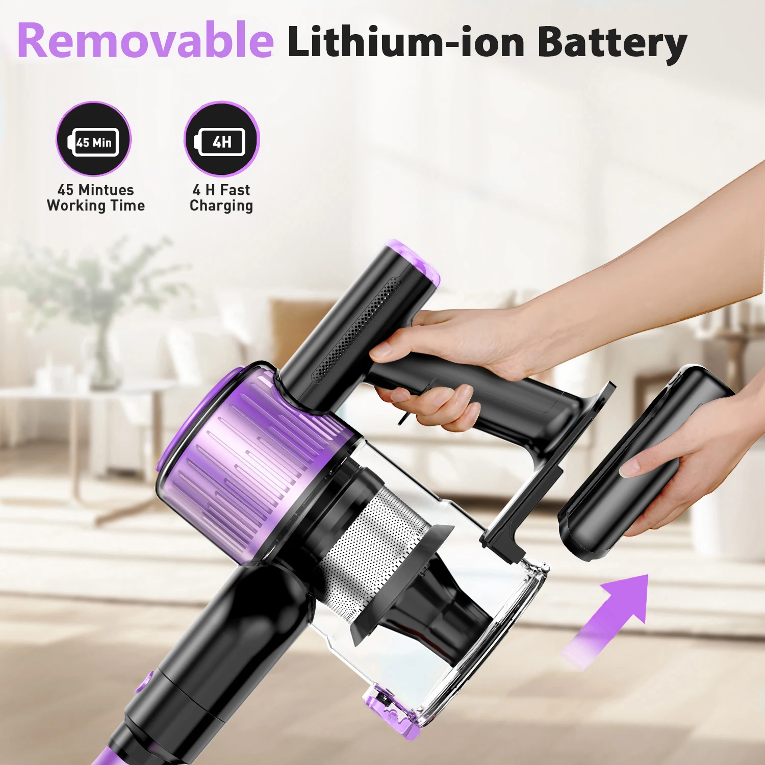 10-in-1 강력 무선 진공청소기, LED 디스플레이, 3가지 흡입 모드, 45분 배터리, 단단한 바닥, 카펫 및 애완동물 털용