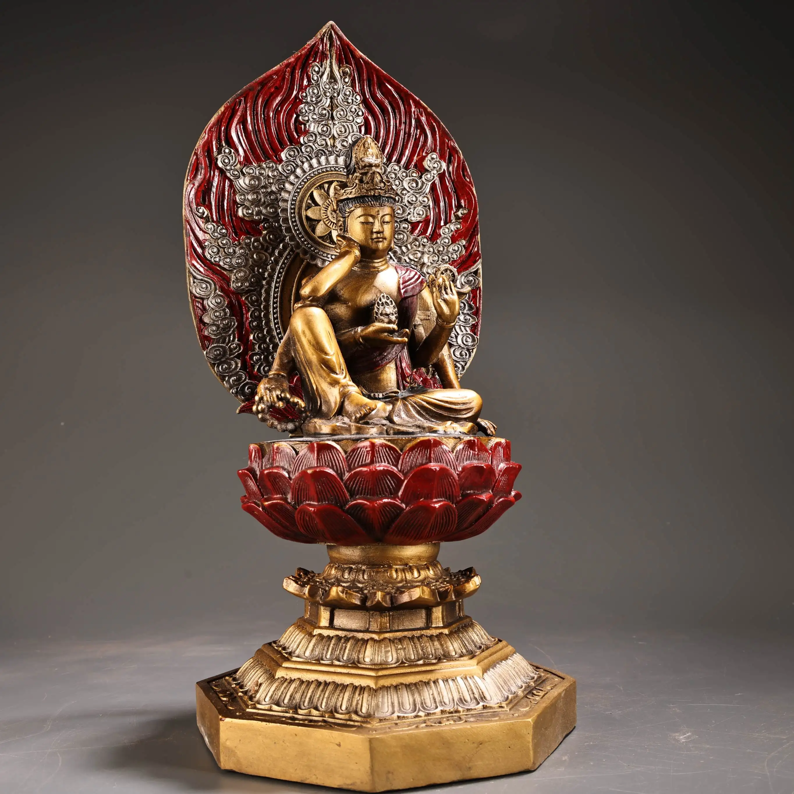 Xizang Folk Old Bronze Painted High Relief Six armed Guanyin Bodhisattva Ruyi Falun Buddha Terrace Sitting Buddha Worship Hall