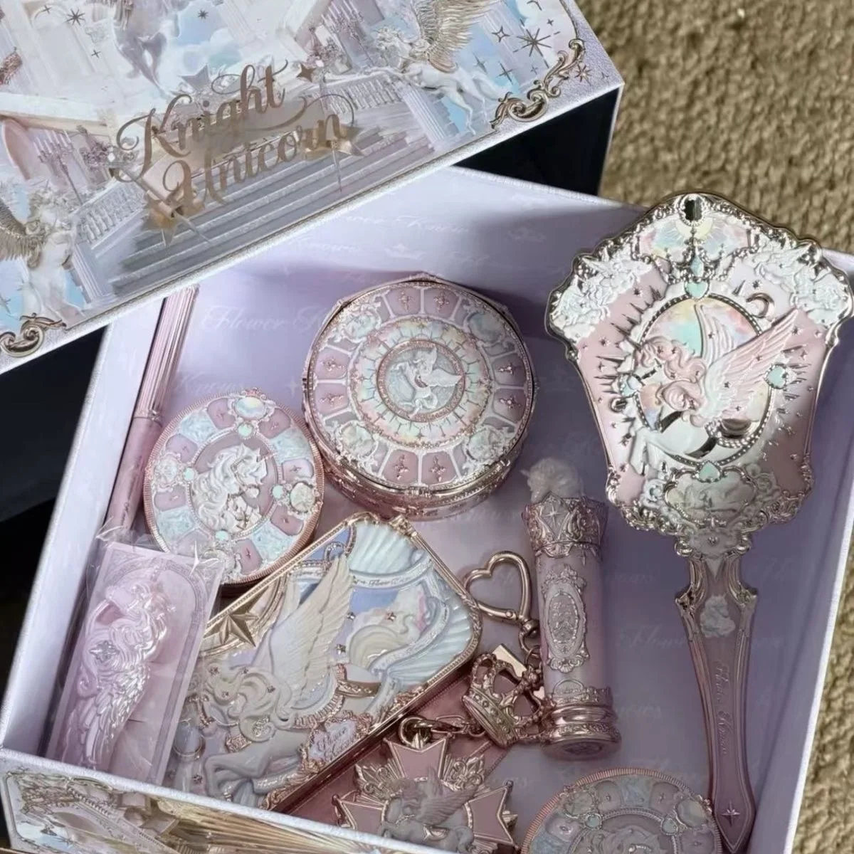Flowerknows Knight Unicorn Bunny Garden Gift Set Blush Little Angel Highlighter Eyeshadow Palette All-in-One Face Makeup Kit Box
