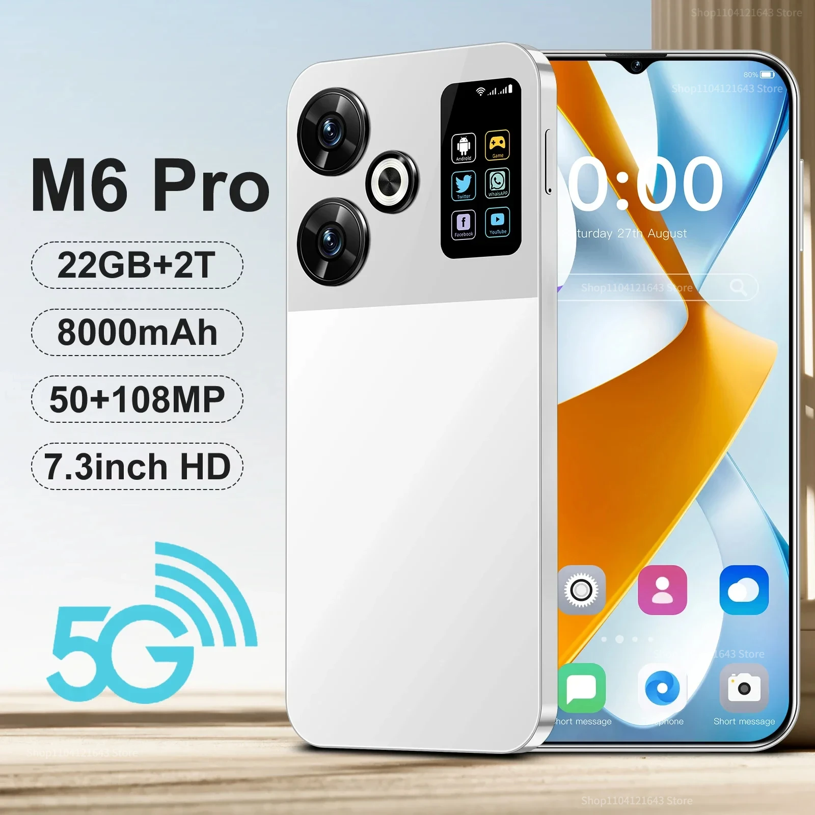 

Новые смартфоны M6 Pro, 7,3-дюймовый HD, 22 ГБ + 2048 ГБ, 108 МП + 50 МП, Android14, 8000 мАч, разблокированный мобильный телефон с двумя SIM-картами