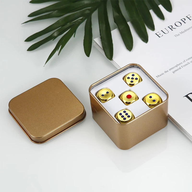 5 teile/satz Metall würfel Set mit Metall Aufbewahrung koffer Gold/Silber 6-seitige Spiel würfel für Brettspiel 13mm – Detail 5