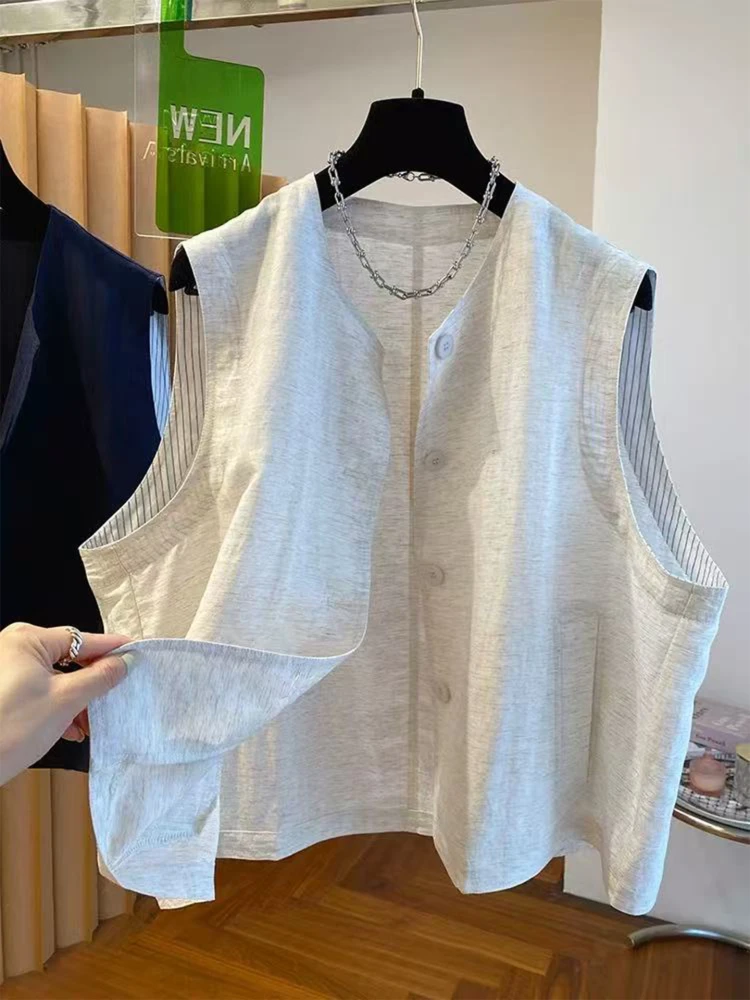 

Высококачественный льняной жилет в стиле ретро, женский летний модный универсальный свободный повседневный хлопковый льняной жилет с верхней пуговицей, круглый Ne Sing...