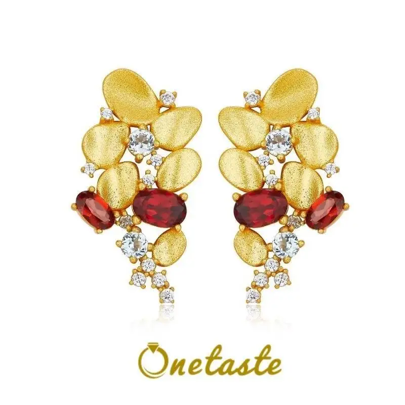 

Birthstone Garnet Topaz S925 Silver Gold Plated Stud Earrings Womens Cubic Zirconia Flower Cute Dainty Luxury Earring Party Gift