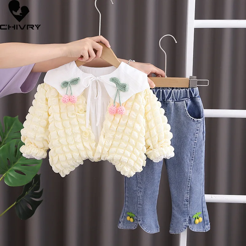 New 2023 Kids Autumn Fashion Cute Cherry Lapel Coat with Denim Pants Jeans Baby Girls Casual Three-piece Clothing Sets