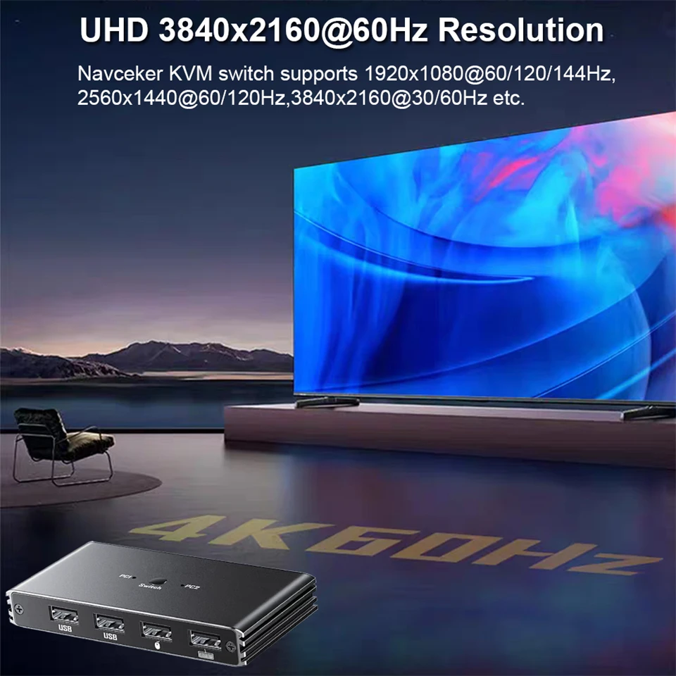 Przełącznik KVM Navceker 2 Porty HDMI 4K 60Hz 2K 120Hz z Pilotem, Udostępnianie 2 Komputerów na 1 Monitor USB do Myszy, Klawiatury i Drukarki — zdjęcie produktu 6