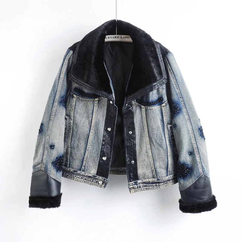 Winter Thick Warm Down Liner Denim Jacket Coat Women Cowboy Outerwear Vintage Loose Short Beading Spliced PU Jeans Jacket Female