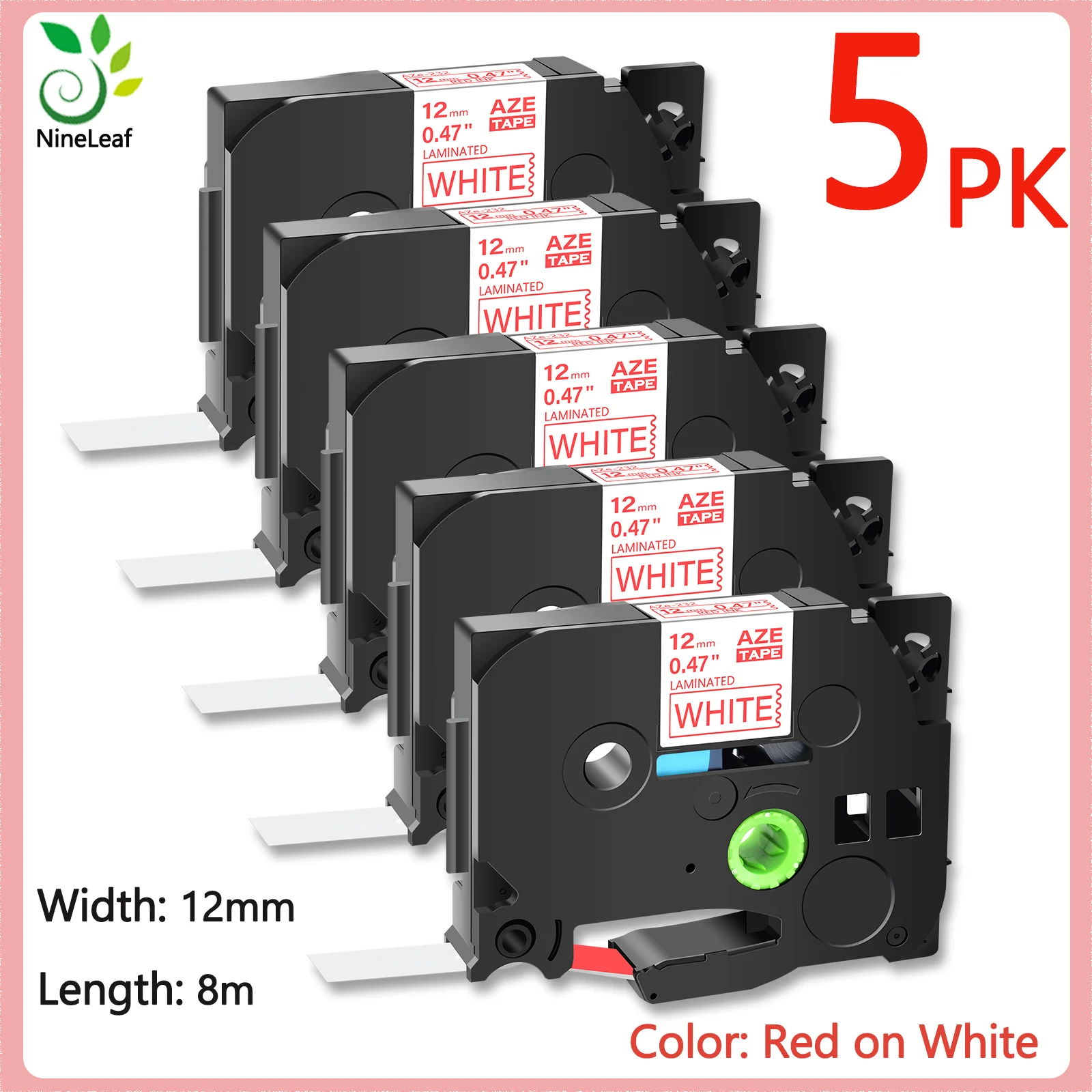 5PK Label Tape Laminated 12mm Compatible Brother Tze 232 Red on White Cassette For Printer PTD410  PTD610 PTE300  PTD460BT