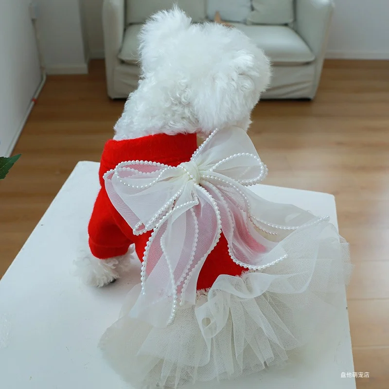 1PC Pet Clothing Cat Autumn Winter Thickened Warm New Year Red Bow Pearl Princess Dress Suitable for Small and Medium sized Dogs