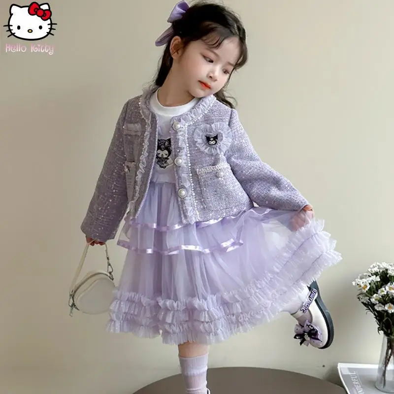 

Cartoon Kawaii Girl Kuromi Little Scented Jacke Puffy Long Sleeve Dress Suit Anime Autumn New Sanrio Clothing Fashion Skirt Tops