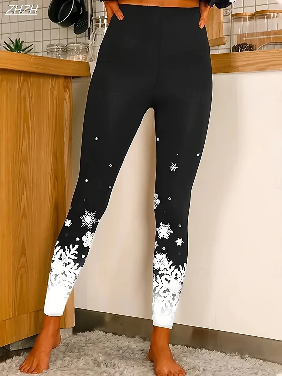 Women's Leggings 2025 Christmas Snowflake Graphics Outdoor Trousers Polyester Spandex Stretch Elastic Waist,Control Streetwear