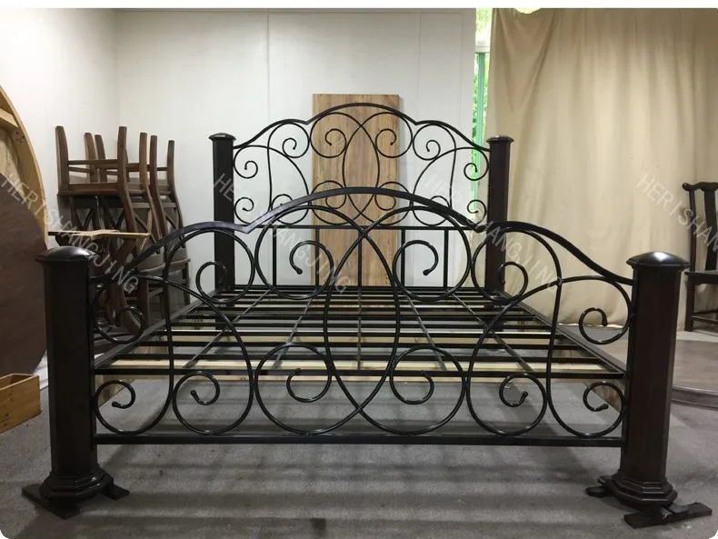 North American Black Walnut Double Bed American Full Solid Wood Iron Bed Iron Frame Bed Raw Wood