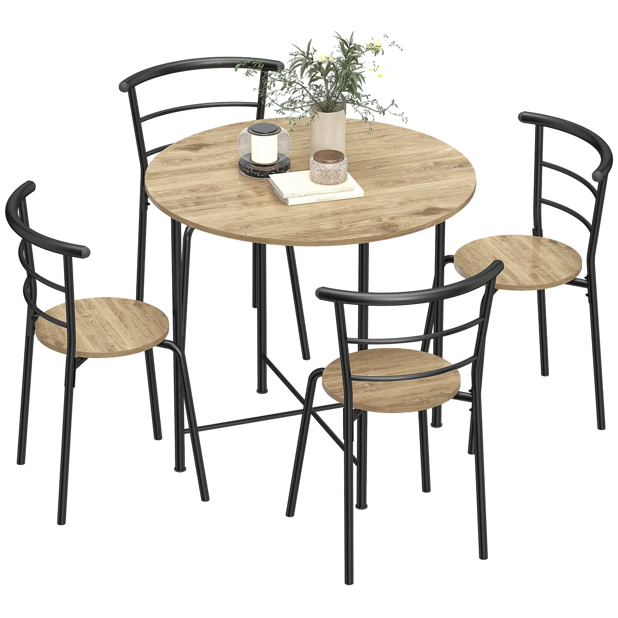HOMCOM Juego de Mesa y 4 Sillas de Comedor Redonda Estilo Industrial Marco Metálico para Espacios Pequeños Salón Natural