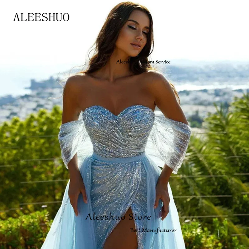 Aleeshuo Sexy Sky Blue Mermaid abiti da sera lunghi Sweetheart Off The Shoulder spacco laterale alto abiti da ballo festa formale 2024