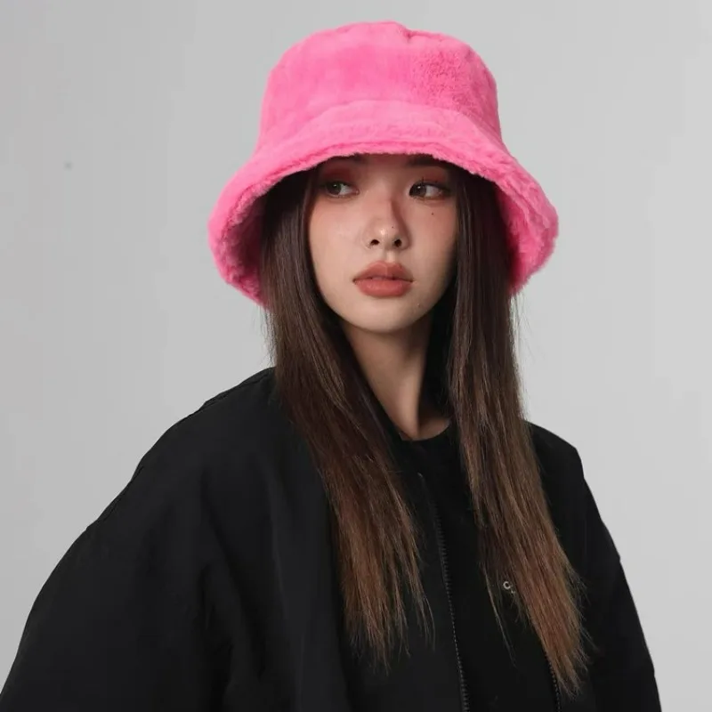 Imitation Rabbit Hair Hat Solid Candy Color Winter Warm Fisherman Cap Fashion Soft Lambswool High Quality Bucket Hat for Women