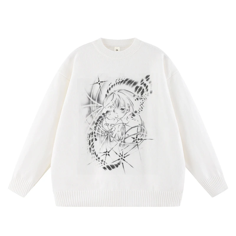 

Женский повседневный уличный свитер в стиле Харадзюку в стиле хип-хоп с принтом, винтажный вязаный пуловер в японском стиле для девочек в стиле аниме Y2k для мужчин и женщин, белая девушка