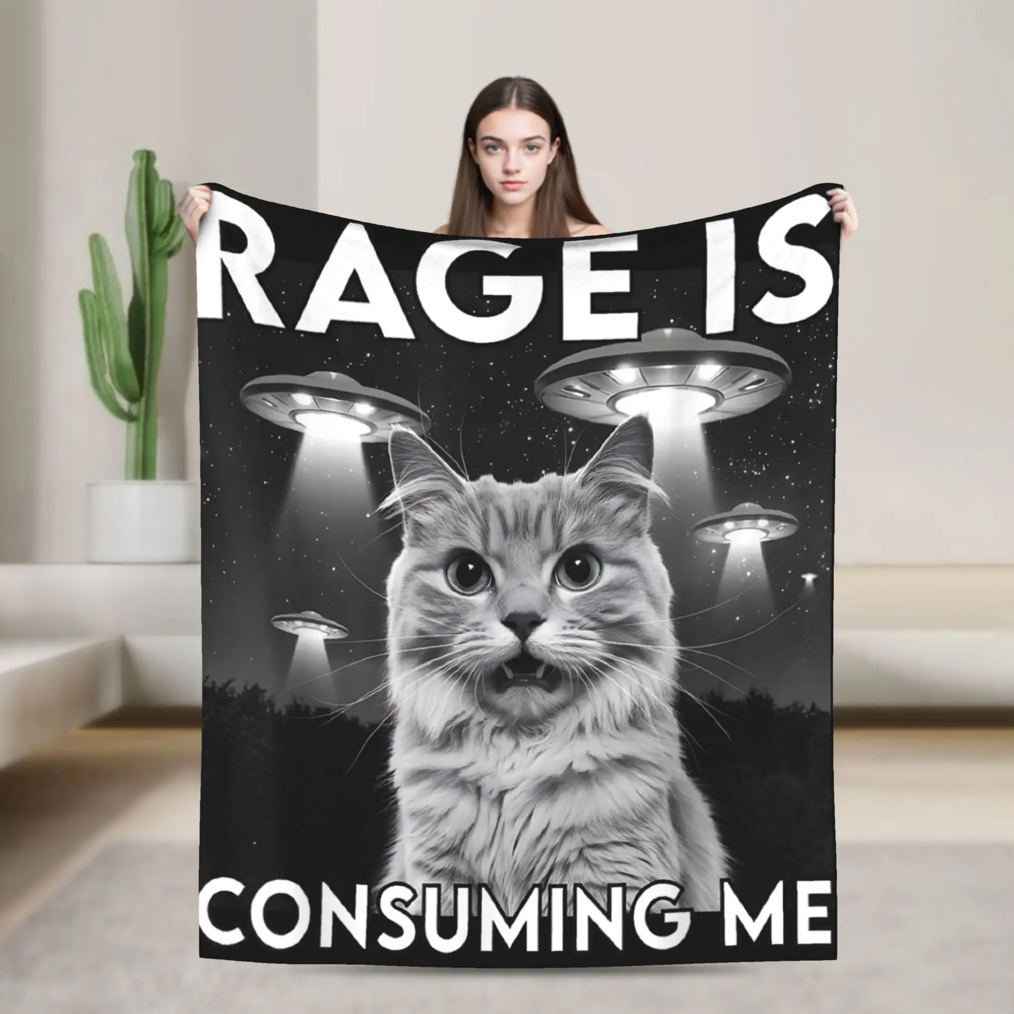 Rage Is Consuming Me Cat Staring Cat Meme Ufo Flannel Blanket  Warm Soft Bedding Throws for Home Decor Bedspread Sofa Bed Cover