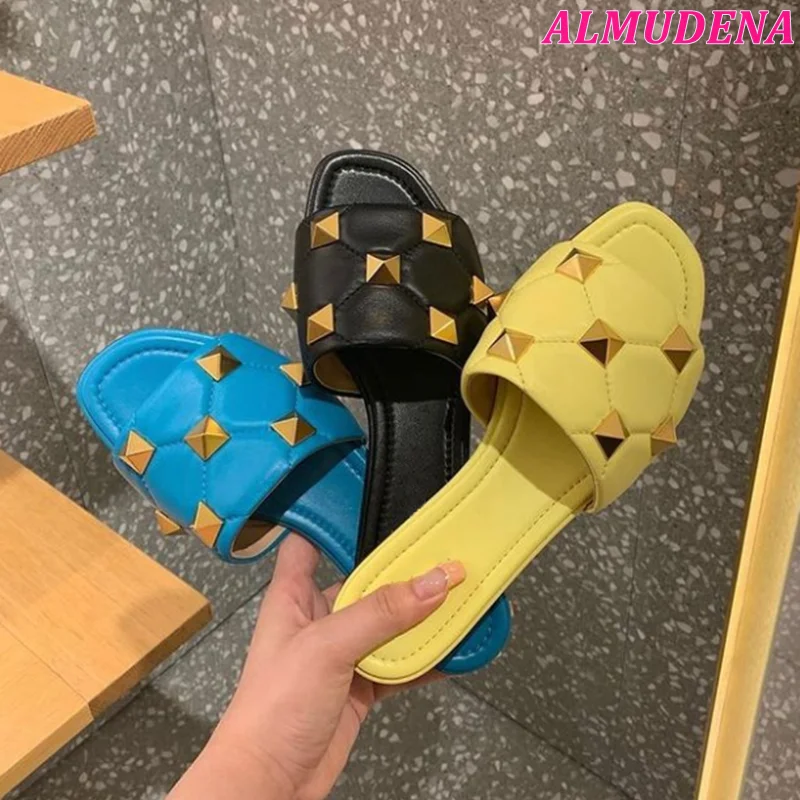 

Women's Summer Roman Stud Flat Leather Sandals Open Toe Soft Coloful Mules 2024 New in Luxury Designer Slippers Soft Shoes