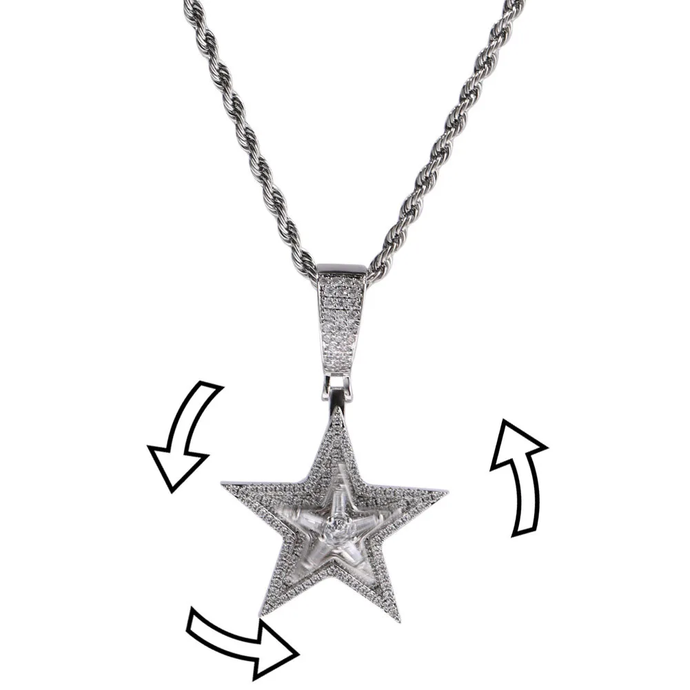 Hip Hop Man Delicate White Cubic Zirconia Rotating Pentagram Pendant Necklace Minimalist Charm Collar Jewelry Women