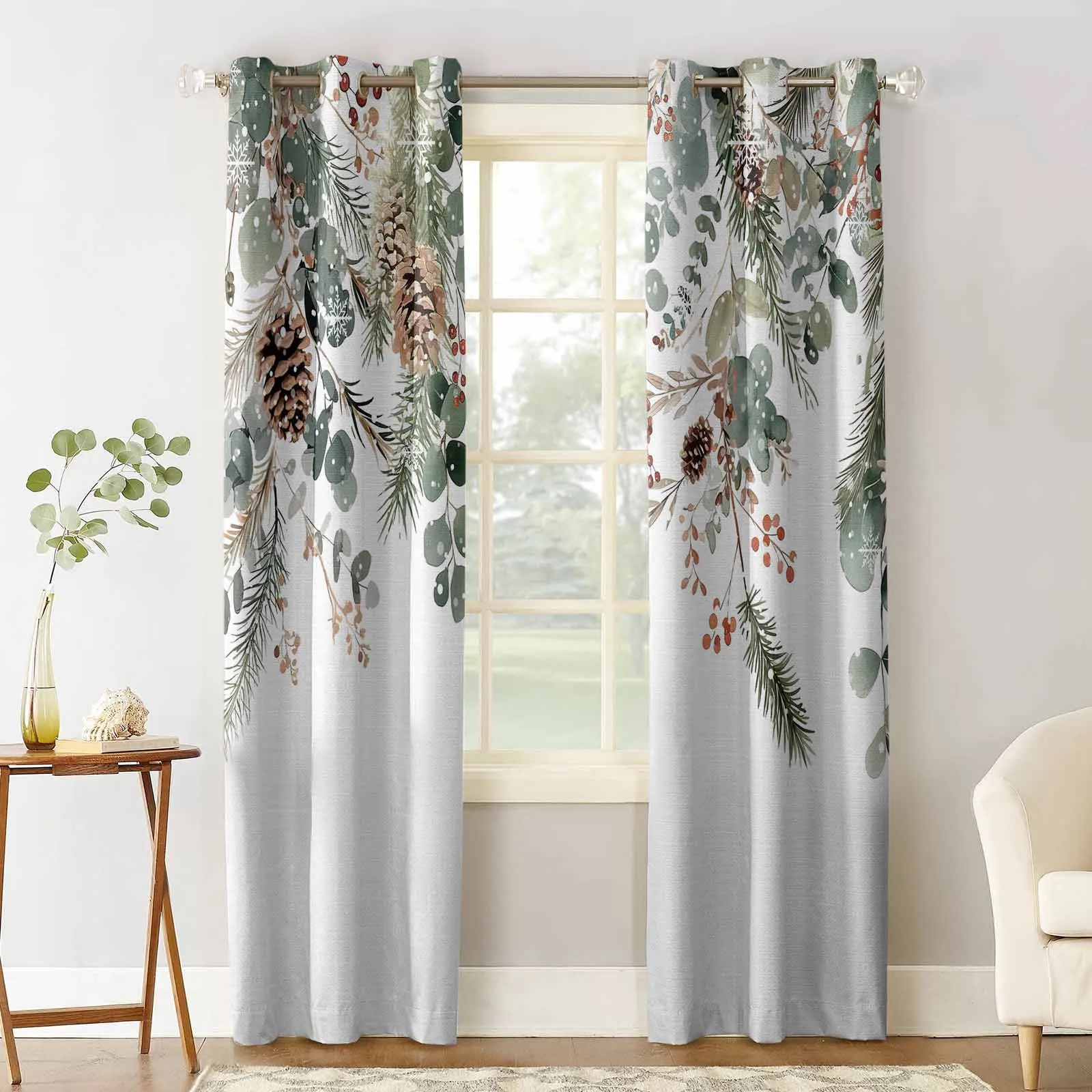 Winter Eucalyptus Leaves Berries Hazelnuts Curtains for Living Room Bedroom Decorative Window Treatment Drapes Kitchen Curtains