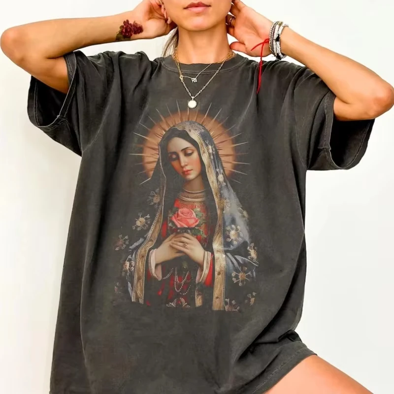 Camiseta de algodón con estampado gráfico de la Virgen María, para hombre y mujer, de manga corta, estilo vintage gótico, ideal para el día a día, de corte holgado, para el verano, muy popular.