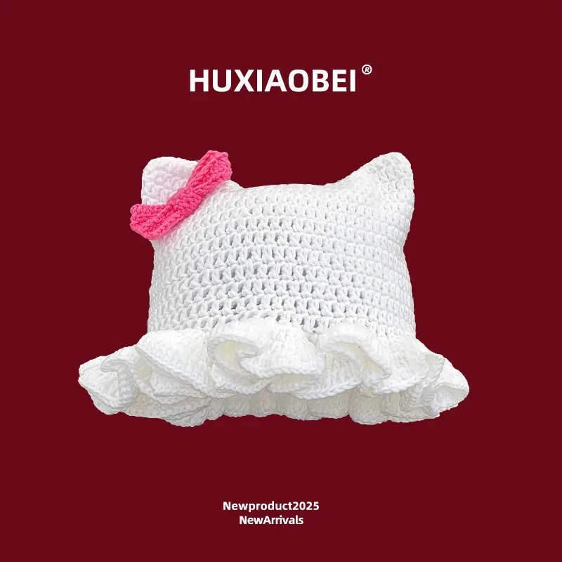 

Белые вязаные панамы с милым бантом и кошачьими ушками для женщин, весенне-осенние повседневные теплые универсальные пуловеры Y2K