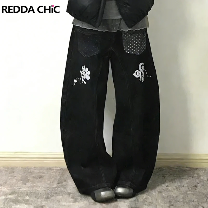 

REDDACHIC Polka Dot Pockets Baggy Jeans Korean Vintage Washed Inverted Graffiti Stitch Barrel Pants Casual School Men Streetwear