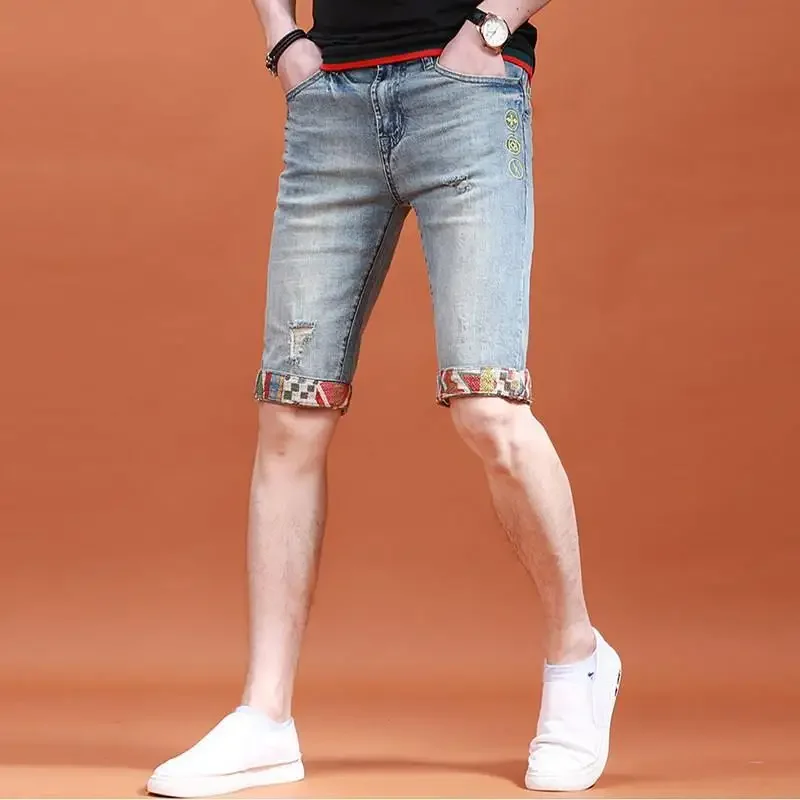 

Skinny Short Jeans Pants for Men Half Slim Man Denim Shorts Long Bermuda with Pockets Cut Buttons Trend 2025 Retro Distressed Xl