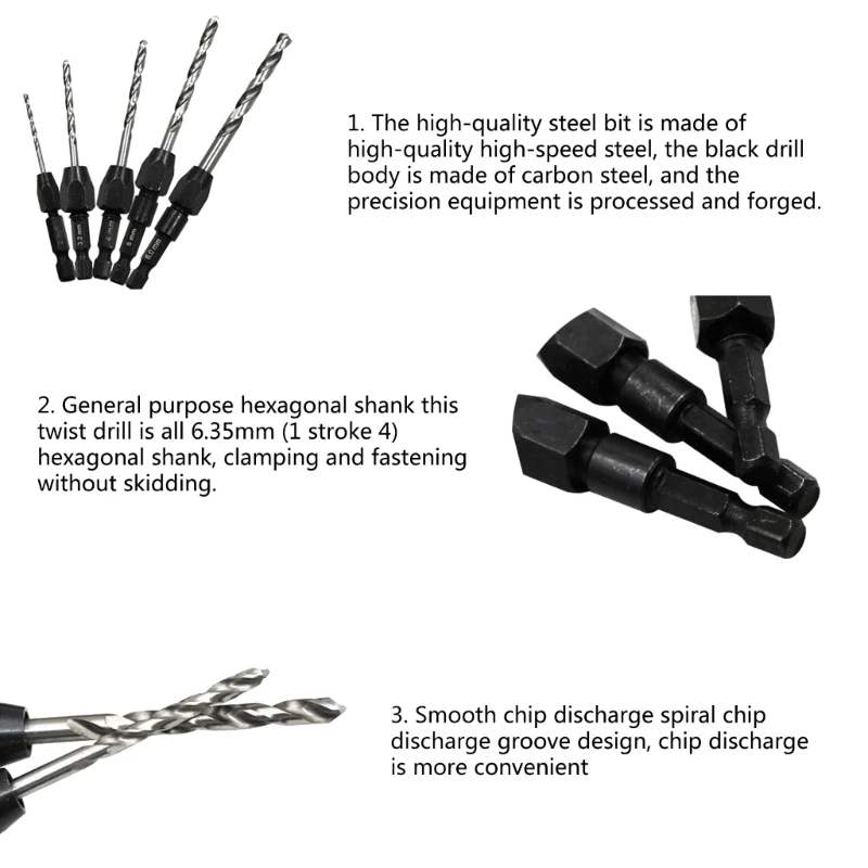 5x Upgraded Shank Twist Drill Bit Set Drill Bit Metric 2mm to 6mm Hexagon Shank for Wood Woodworking