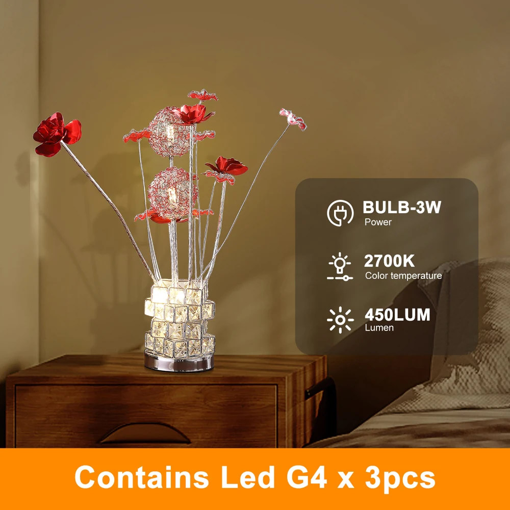 Aluminum 4 Red Roses 6 Petal Floral 2 Red/Silver Flower Bud On A 4 Squared Modern Hexagona Chrome Vase Table Lamp