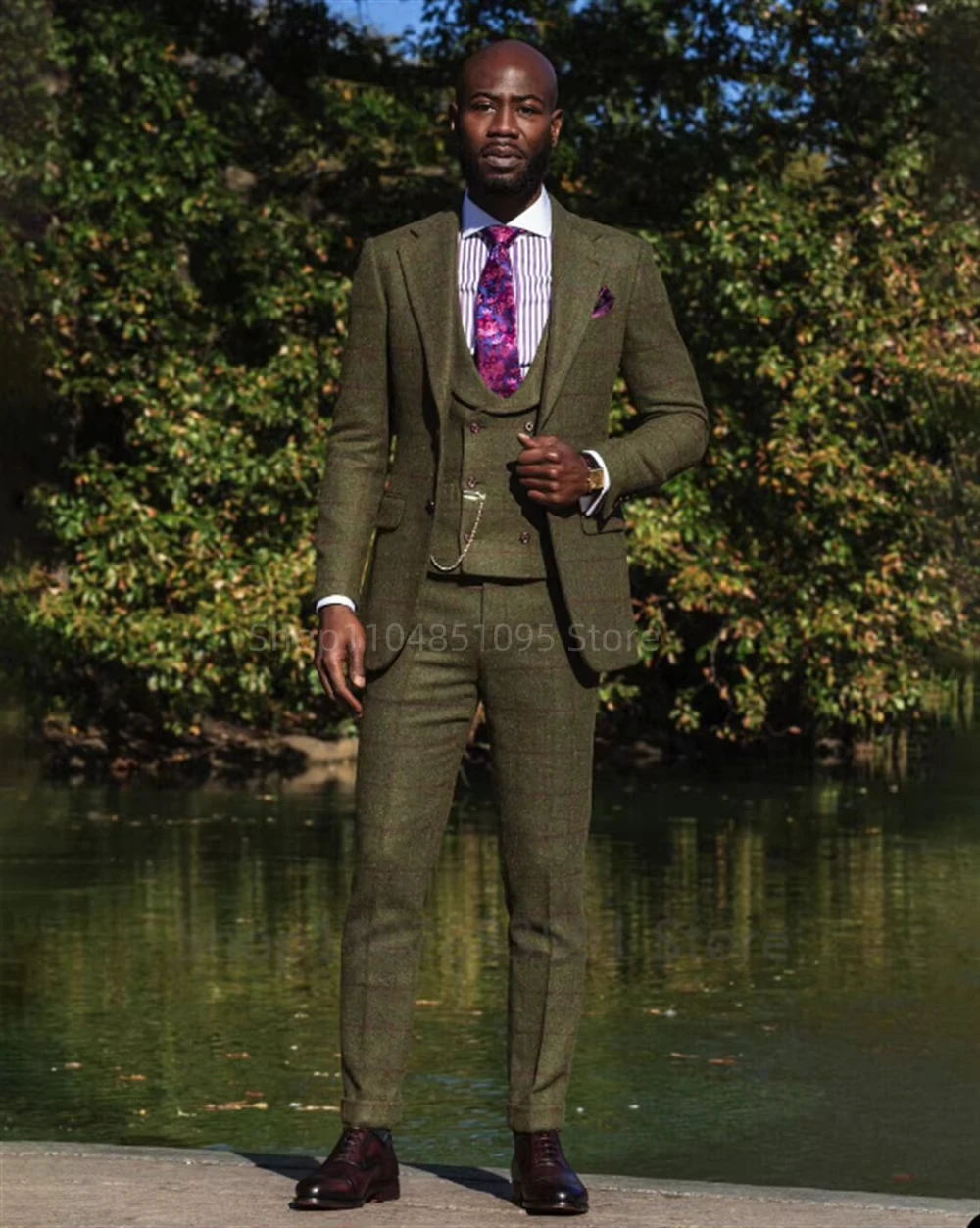 

3 Piece Green Woolen Plaid Men's Suits Bussiness Formal Notch Lapel Groom Tuxedos for Party Activities Wedding(Blazer+Vest+Pant)
