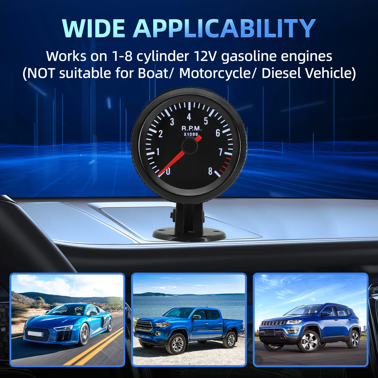 52 مللي متر سيارة RPM مقياس 0-8000 PRM مقياس سرعة الدوران مع LED الخلفية ل 1 ~ 8 اسطوانة لمحرك السيارة 12 فولت السيارات سيارة تاكو المؤشر #5