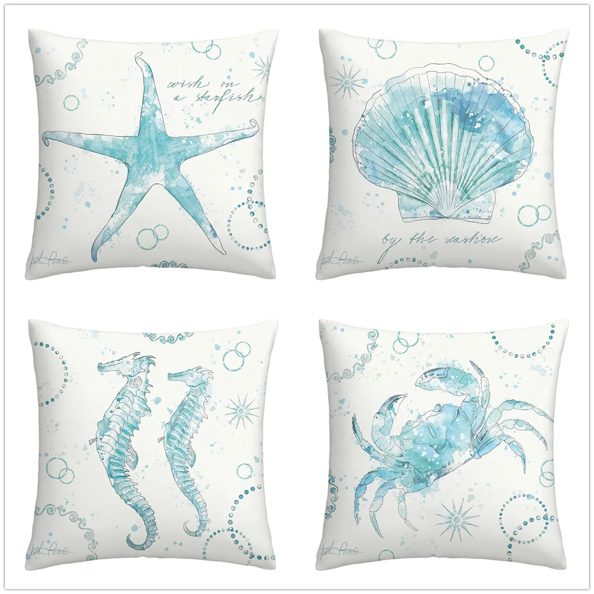 Cyan Sea Creature Painting Linen Pillow Cover Upholstery Living Room Sofa Upholstery Cushion Cover Home Decor Cushion Cover