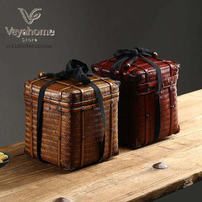 Bamboo Weaving Square Storage Box Portable Tea Cage for Ceremony Picnic Basket Practical Spring Outing Accessories for Tea