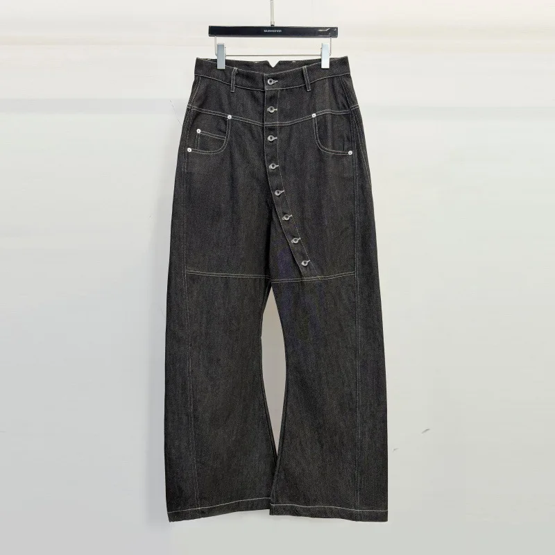 FANDISHI High Waist Straight Leg Jeans Men's Flared Floor-Length Slimming Wide Leg Denim Pants with Oblique Button Design