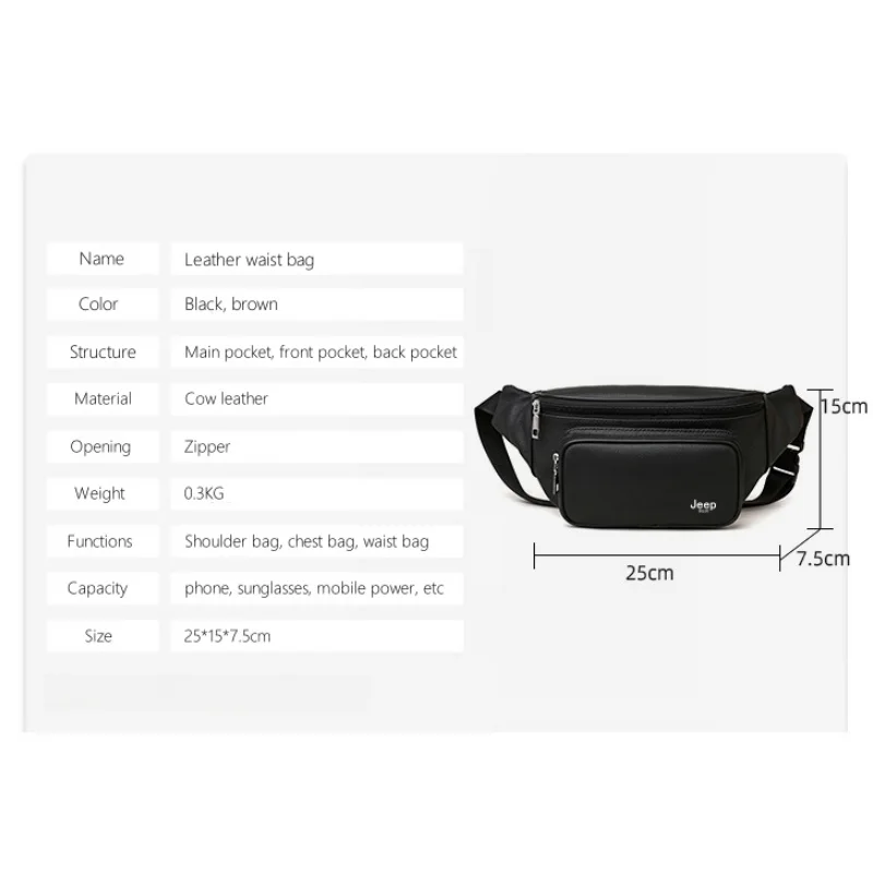 JEEP BULUO Fashion New Brand Men Chest Bag Genuine Leather Black Brown Casual High Quality Sling Waist Bag Shoulder Crossbody