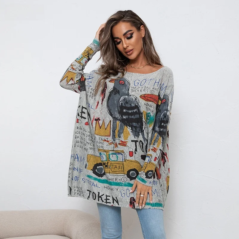 

Women's Casual Wide Ne Long Sve Knitted Sweater Top Large Size Cartoon Print Comfortable Fit Spring Faion Blend Fabric