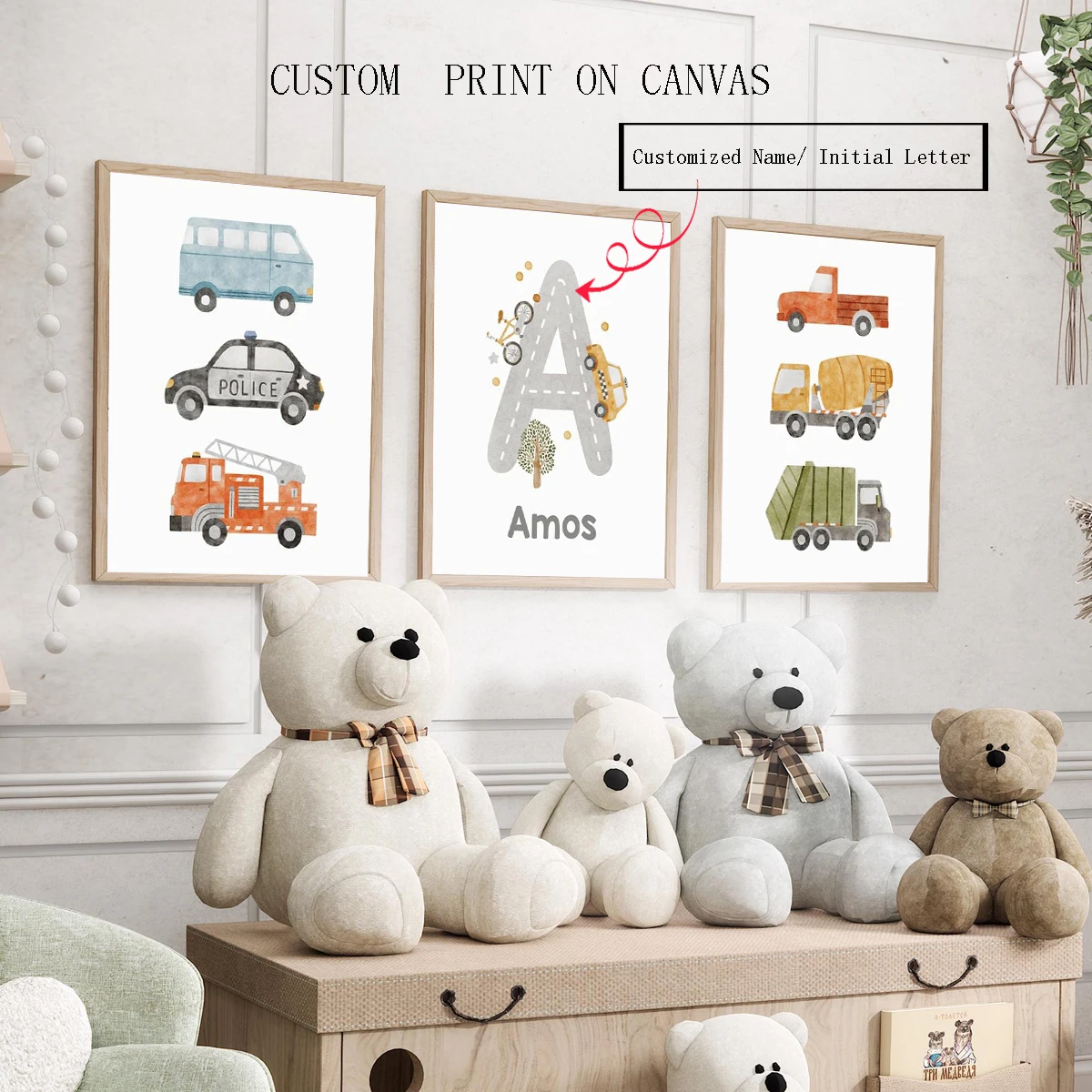3pcs/ Set Personalized Car Print Name Canvas Poster Wall Art, Cartoon Car , Taxi Home Decoration Custom Name Poster, Living Room